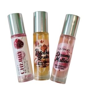Dreamy Mallow Pink Pistachio and Cherry Body Oil Set Kit Roller Balls